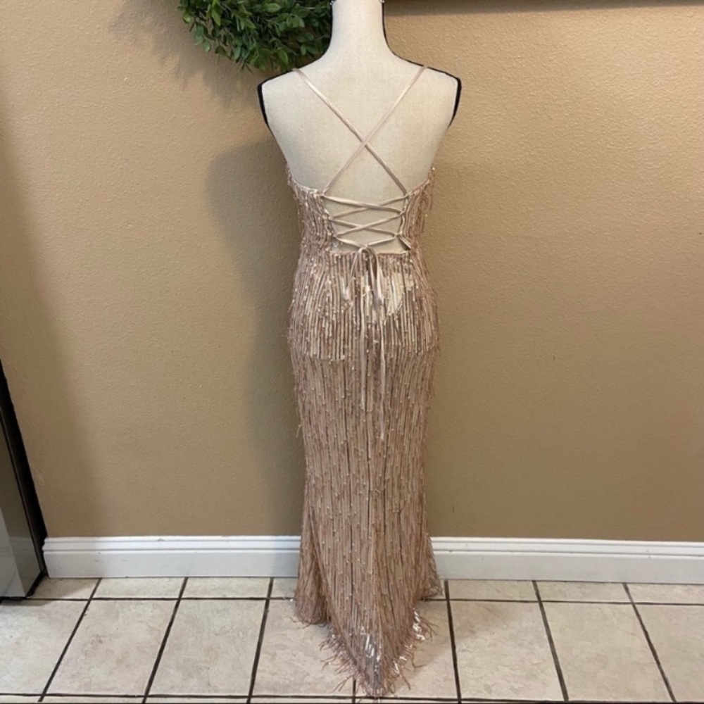 Endless Festivities Rose Gold Sequin Fringe Lace-Up Maxi Dress - Picture 9 of 15
